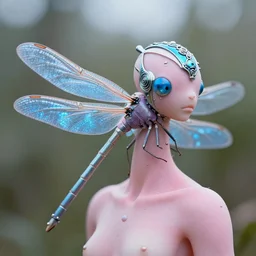 natural light, soft focus portrait of a cyberpunk anthropomorphic dragonfly with soft synthetic pink skin, blue bioluminescent plastics, smooth shiny metal, elaborate ornate head piece, piercings, skin textures, by annie leibovitz, paul lehr