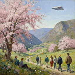 a valley with tree blooming. wind blowing petals. noon. spaceships flying in the sky. full - length, oil painting in a modern style, very detailed, painted by caravaggio, greg rutkowski, sachin teng, thomas kindkade, enki bilal, tony sandoval, norman rockwell, tom bagshaw.