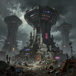 beautiful low angle painting of an alien world with beautiful buildings and technology, atompunk, junk on the ground, neon lights, moody atmosphere, epic composition, dramatic lighting, trending on artstation, octane render, by robert zemeckis