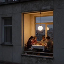 apartment in an old Soviet panel building on the top floor, near the window there is a table which is being prepared for dinner, the family is setting the table, outside the window it is evening, a depressing cityscape and a glowing sphere hovering in the sky, realistic rendering, warm dim lighting