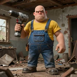 grumpy chunky bald handyman, giant drill hands, in a dusty wrecked home, full body, hyperrealistic digital art masterpiece, highly detailed neo pop surrealism, jason limon kay sage hannah yata, dramatic lighting, low angle, uhd 8 k, sharp focus