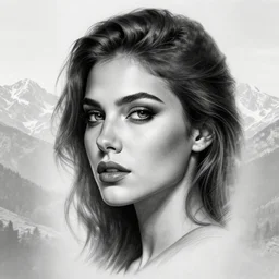 tattoo design sketch of an extremely beautiful woman face with a stunning mountain view faded background on her side, hyper - realistic, double exposure, in the style of matteo pasqualin, amazing detail, black and white, faded