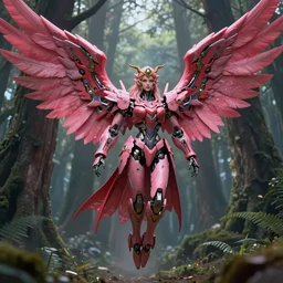 a female saints made of mecha with huge feature wings is flying in the fantasy forest by merriam, daniel, intricate mechanical details, futuristic, 2 k aesthetic, dramatic lighting, concept art, 4 k, 3 d octane render, pink and red collection, highly saturated colors, provenance, detailed, trending on artstation