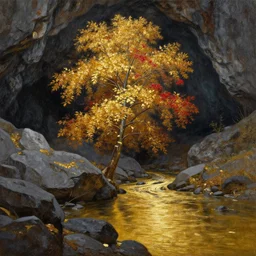 A beautiful, highly detailed, very realistic oil painting of a single tree with lots of golden and red leaves, next to a small river made of pure gold in the middle of a huge, very dark cave, with lots of dark grey rocks, oil painting by Afremov.