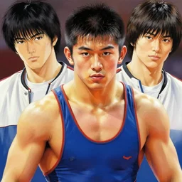 portrait of a handsome young wrestler, art by ben kimura and gengoroh tagame and sadao hasegawa, bara, hyperrealism