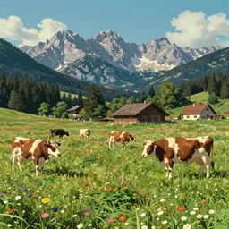 a ultra photorealistic and sharp film still of an a sunny and colourful open field in 1 9 0 0 in the middle of the bavarian alps, germany. cows. wide shot, wes anderson, studio ghibli, pixar and disney animation, octane render, anime key art by greg rutkowski, dramatic lighting, award winning photography