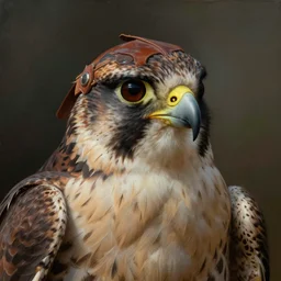 portrait of a hunting falcon with leather visor!!!!!!!!!!!!!!!!!!!!!!!!!!!, detailed face, detailed painting, epic lighting, by ilya repin, phil hale and kent williams