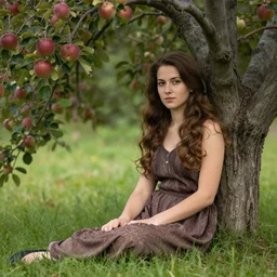 in the style of iraklij toidze. beautiful young woman sitting under an apple tree. fine detail