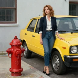 a picture of a yellow-car parked next to a red-hydrant with a STYLISH! woman leaning against the car, BEUTIFUL!, surreal, in style of TOM BAGSHAW, painted by Norman Rockwell and Tom Lovell and Frank Schoonover