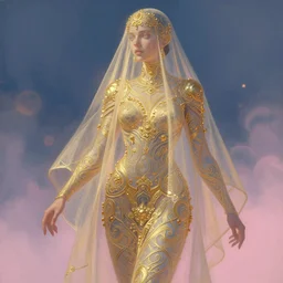 peaceful uncertainty, crossing over the spiritual veil, sharp focus, intricate, elegant, digital painting, artstation, matte, highly detailed, concept art, illustration, volumetric lighting, gold and blue and pink color scheme, bokeh light, art by greg olsen and liz lemon swindle