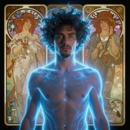 brazilian man with a psychic aura, synthwave, alphonse mucha, rhads, ross tran, artstation, artgerm, octane render, 1 6 k