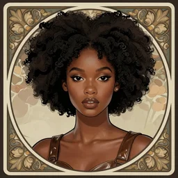 african princess, inspired by yara shahidi with an afro, wearing leather, digital art, black eyes, inspired by artstation and artgerm, muted secondary colors, character concept art, with border and embellishments inspired by alphonse mucha
