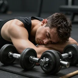 A guy is laying his head on a dumbbell , sleeping, cinematic lightening, high quality, 8k , octane render