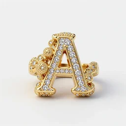 mystical gold and diamond thin curly female ring with big letter a and fine purple and green details, ultra detailed, centered, octane render, elegant, caustics