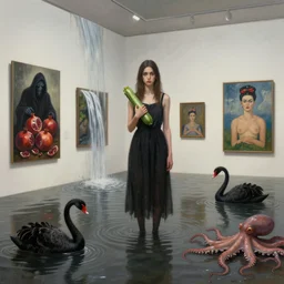 realistic painting of a flooded modern art gallery and a tall emo girl, holding a courgette, paintings on walls, floodwaters, squid ink, the grim reaper, pomegranates, waterfall from the wall, black swans, octopus, sensual, puddles, zen, by magritte and kahlo and monet