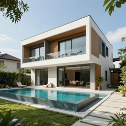 A photograph of the backyard of a modern 2 story contemporary house with an infinity pool