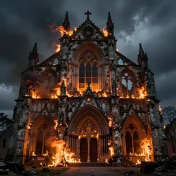 burning cathedral ruins, by Andreas Rocha + Ted Nasmith, dark, cinematic lighting, masterpiece, highly detailed, 8k resolution, trending on art station