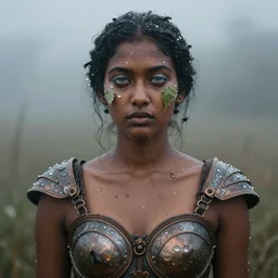 full shot of a regal brown - skinned south asian woman wearing an intricate and detailed armor made of dew drops. dew drops around eyes. bugs. leaves. refracted light. morning dew. delicate. translucent. haunting eyes. vulnerable. fragile. ethereal. refracted light. by ray caesar. by louise dahl - wolfe. by andrea kowch. by tom bagshaw. surreal photography.