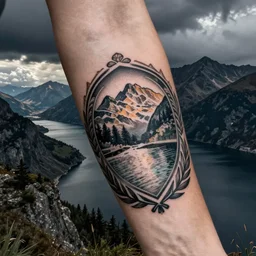 lakeside mountains, tattoo