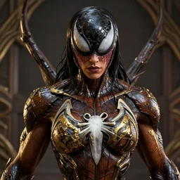 frontal portrait of a emotional muscular female venom from spiderman, hyper realistic, designed by makoto kobayashi and luca zampriolo, portrait, sexy style, wood and gold details, intricate, extremely detailed, ornate, deep of field, hard surface, exoskeleton, substance designer metal unreal engine. amazing likeness. very detailed.