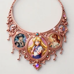 a beautiful detailed necklace made of rose gold glowing in sparkles with heavenly notes Neo Rococo Expressionist orientalism, highly detailed sailor moon aesthetic, fantasy, intricate, elegant, highly detailed, digital painting, artstation, concept art, matte, sharp focus, illustration, Artgerm and Greg Rutkowski and Alphonse Mucha
