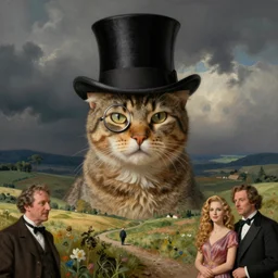 cat with a monocle and top hat by bob ross and lisa frank and greg rutkowski