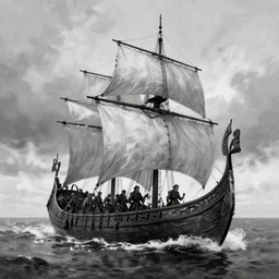black and white digital painting of a viking ship sailing by feng zhu, drakkar, masterpiece, by thomas blackshear, cinematic environment, magali villeneuve, jeremy lipkin, rob rey, christophe vacher