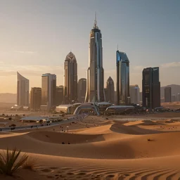 a futuristic city in the desert at dusk, cyberpunk, ultra detailed, cinematic shot, photorealistic, octane render, high definition, fine details, 8 k