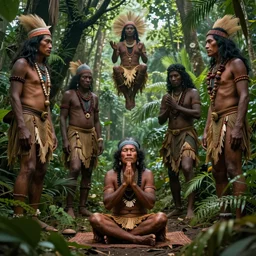an indigenous man sitting and praying in the jungle, while spirits of his ancestors watch over him from above, art by christophe vacher