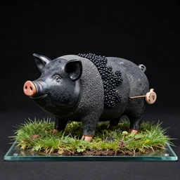 a pig - blackberry sculpture, obsidian and and pumice and japanese glazed pottery, mounted on a glass platform, grassy weeds and soil, black background, zen,