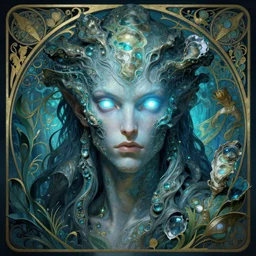 male oyster humanoid monster, sci fi, glowing eyes, volumetric lights, ocean theme, art nouveau botanicals, intricate, highly detailed, digital painting, artstation, concept art, smooth, sharp focus, cinematic, illustration, beautiful face, art by h. r. giger and greg rutkowski and alphonse mucha, kentaro miura
