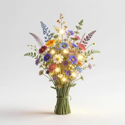 mythical glowing wildflower bouquet, clean 3d render, full body, isolated on a pure white background, centered, entire subject in frame, sharp focus, soft studio lighting