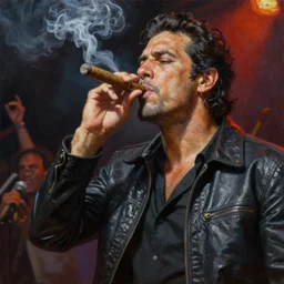 an oil painting of uncle joey diaz smoking a cuban cigar, on stage, ultra realistic, highly detailed, masterpiece, cinematic by greg rutkowski, frank frazetta, beeple, christian macnevin, beeple, wlop, krenz cushart, epic fantasy character art, volumetric lighting, cgsociety