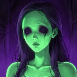 super detailed 8 0's illustration horror art of a glowing green and purple pretty zombie korean girl, dj sura, screaming teal hair, flat art, sharp, by ilya kuvshinov