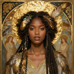 portrait of a stunning poc queen, artstation, mymodernmet, by sangsoo jeong, by soey milk, by brad kunkle, by amir ershadi, by ben enwonwu, by alphonse mucha, gold foil aureola, iridescent feathers, divine, saint