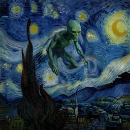 Cthulhu coming from the night sky of a city by Van Gogh, dark lighting, digital art
