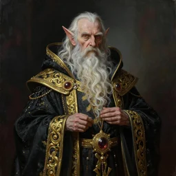 an elder lich with a magnificent robe with golden accents and jewels, full subject. sinister atmospheric lighting. highly detailed painting by greg rutkowski.