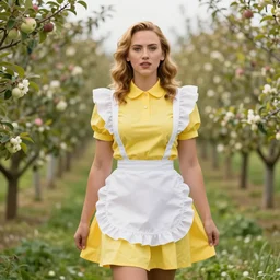 a scarlett johnsson in a maid's outfit in a apple orchard, wavy hair yellow theme, s line, 4 5 angel by krenz cushart and mucha and greg rutkowski