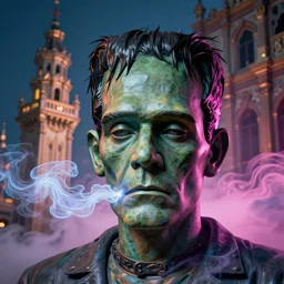 closeup frontal portrait photography of frankenstein head sculpture breathing neon vaporwave clouds.. a large rococo tower in the background