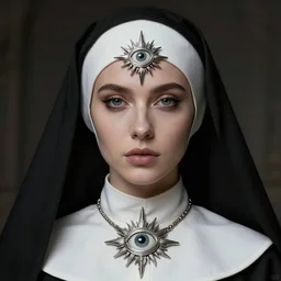 portrait of a beautiful nun with long hair. She wear a silver detailed symetric amulet of a sun eye. Epic fantasy. beautiful. hyperrealism symetric face cinematic top lighting, insanely detailed and intricate, face by wlop, Charlie Bowater, golden ratio, symmetric, elegant, ornate, luxury, elite, matte painting, cinematic, trending on artstation, deviantart and cgsociety, 8k, high resolution