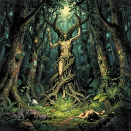the destroyer of worlds, the taker of lives, magical forest, art by Moebius and Yusei Uesugi