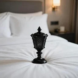 a liminal hotel room with a black glass baroque object in the bed