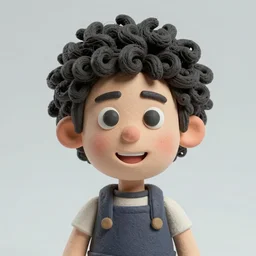 claymation character, man with black curly hair and a smile