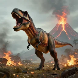 a wide - shot photorealistic photograph of a a single tyrannosaurus rex roaring, in the distant background is a volcano spewing lava. elden rings boss. professional capture, well lit shot. fire and flames. trending on artstation, featured on behance, well - rendered, extra crisp, features intricate detail, epic composition and the style of unreal engine.