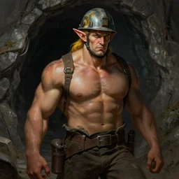 picture of male miner drow elf outside gold mine's entrance, burly, work clothes, security helmet, light skin, dark yellowhair, ponytail, sweat, dirt, high fantasy, highly detailed, detailed faces, smooth, sharp focus, chiaroscuro, dnd, digital painting, concept art, rossdraws and moebius and jon mcnaughton