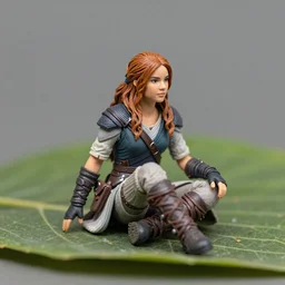 Realistic miniature of Katniss Everdeen, accurate proportions, sitting on a leaf, macro photography, intricate, detailed, 4k