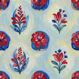 seamless traditional, whimsical blue and red polish kashubian floral folk pattern, botanical illustration, oil painting