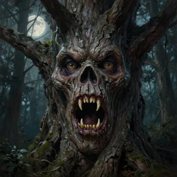 a talking oak tree, a face in the bark, eyes in the bark, mouth in the bark, horror concept art, sharp teeth, digital painting, oil painting, hyperrealistic, treebeard, ent, undead, monster, highly detailed, moonlight, very detailed eyes, in the forest, by alan lee, by artgerm