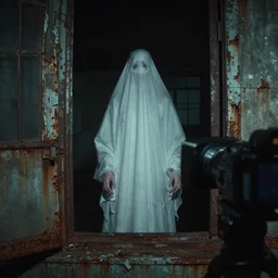 photo of a ghost woman, highly detailed environment, haunted building, found footage, low quality camera, dark colors, industrial setting, rusty, lost footage, disturbing, horror, fear, bad camera, old footage, hyperrealism, movie, movie screengrab, body horror, omnious