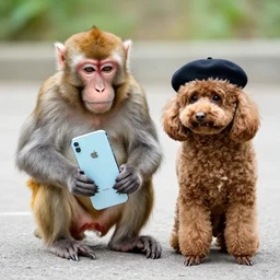 a monkey stealing an iphone from a poodle wearing a beret
